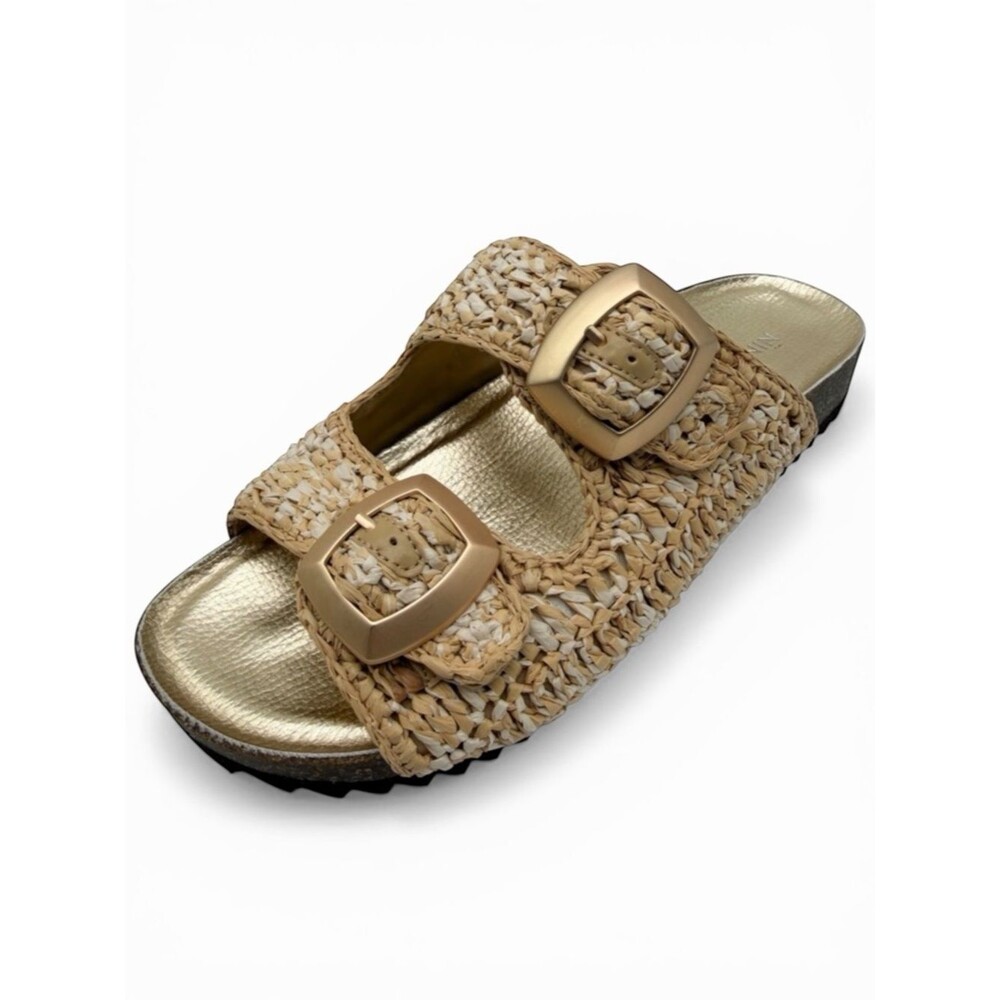 Nine West Tenly Raffia Straw Woven Double Buckle Footbed Sandals Gold Tan 9 NEW